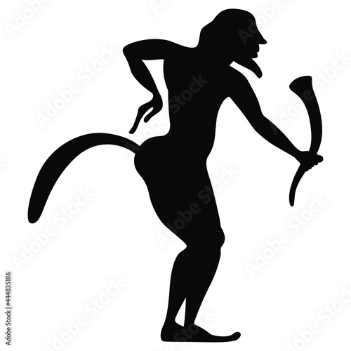 Ancient Greek satyr or Silenus holding rhyton of wine. Vase painting style. Fantastic mythological creature. Black silhouette on white background.