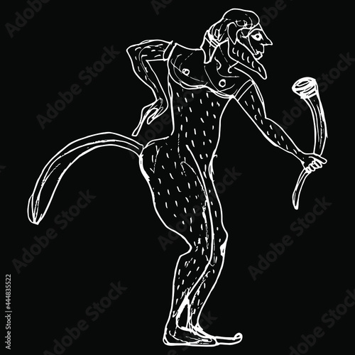 Ancient Greek satyr or Silenus holding rhyton of wine. Vase painting style. Fantastic mythological creature. Hand drawn linear doodle rough sketch. White silhouette on black background.