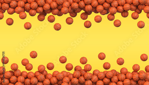 Basketball flying balls arranged in two lines. Many orange basketball balls flying on yellow background. Realistic vector background photo