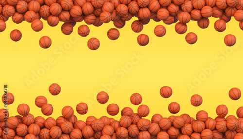 Basketball flying balls arranged in two lines. Many orange basketball balls flying on yellow background. Realistic vector background