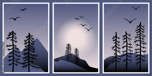 panoramic landscape - mountains, trees, sun, flock of birds - wall art vector set, for wall art, poster, wallpaper, print

