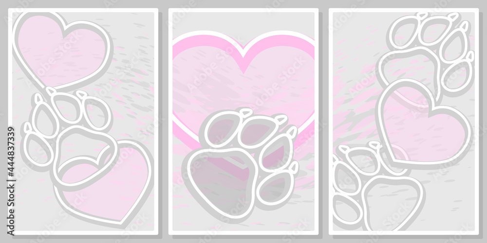 gray and pink hearts and paws with 3d effect - wall art vector set, for wall art, poster, wallpaper, print
