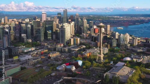 Late Afternoon View of Downtown Seattle With Clouds Above and a view of the waterfront