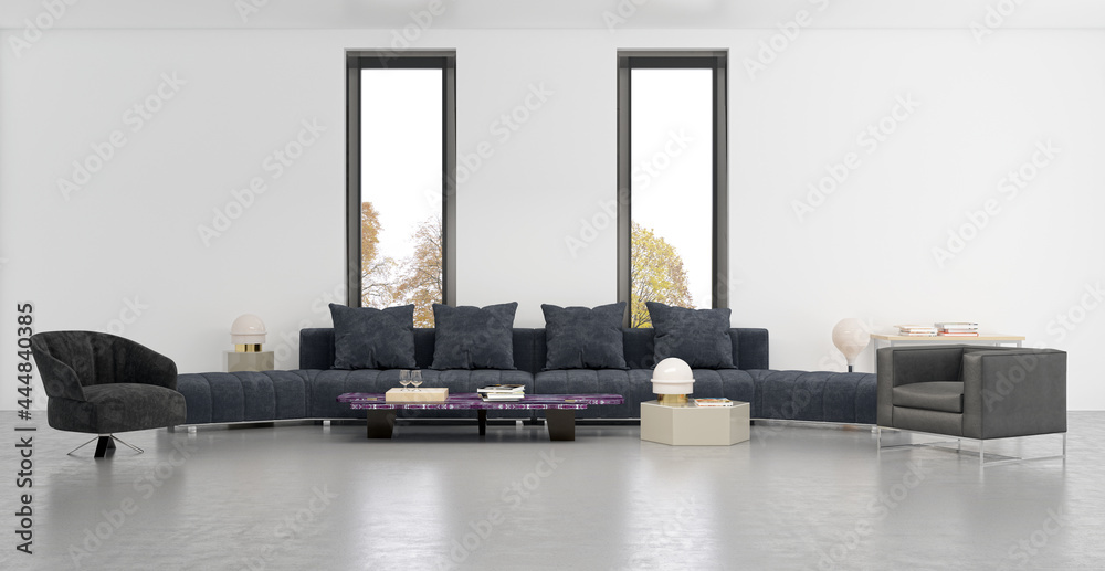 Fototapeta premium Illustration 3D rendering large luxury modern bright interiors Living room mockup computer digitally generated image