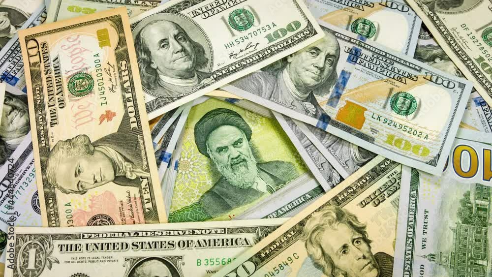 Rial and Portrait of Iranian leader Ruhollah Khomeini surrounded by dollars usa. Rial and Portrait of Iranian leader Ruhollah Khomeini surrounded by dollars usa.