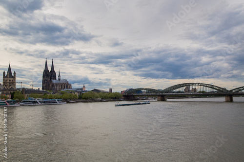 Cologne city landscape of the historic city center with Cologne St. Peter s Cathedral   the Roman Catholic Church of St. Martin and the Rhine River embankment  North Rhine-Westphalia  Germany