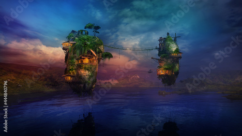 Fotografie, Obraz Sunlit dwellings on magical flying islands over the lake, 3D render