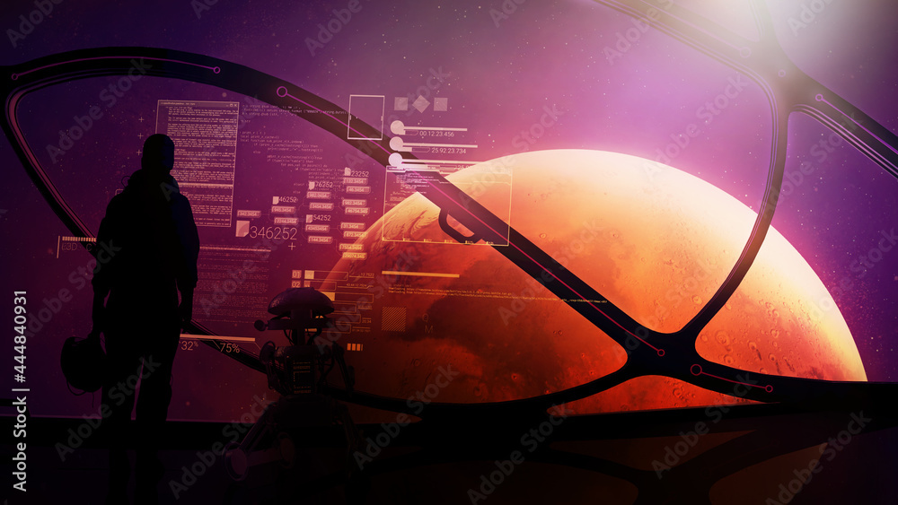 Fototapeta premium Astronaut and droid at the porthole of a spacecraft approaching Mars.