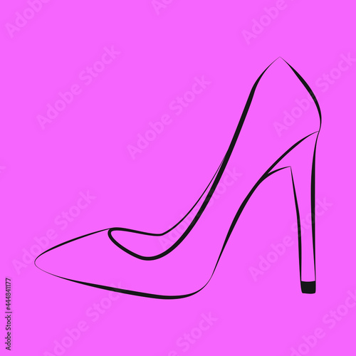 Обувь женская контур. Womens shoes contour. Vector drawing on a pink background.