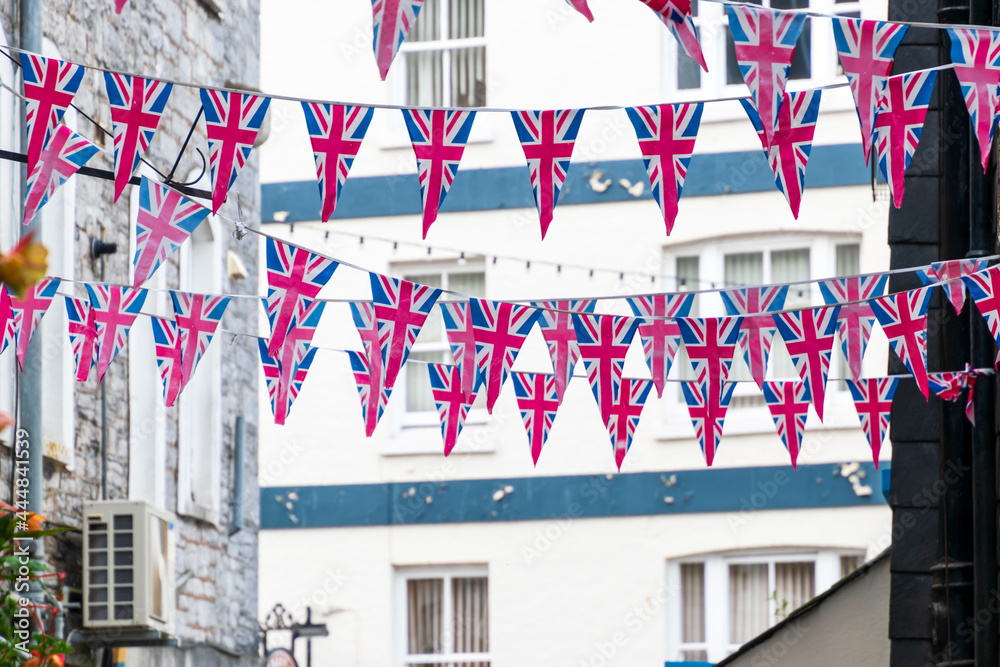British Union Jack flag triangular hanging in preparation for a street
