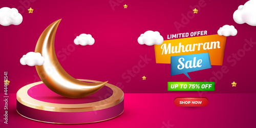 muharram sale 3d banner template with luxury gold podium