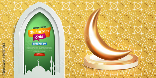 muharram sale 3d banner template with luxury gold podium