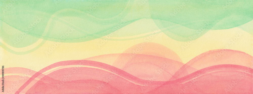 Watercolor painting, hand painted abstract background in pink yellow and green, wavy lines in pastel colors with curving modern art design on borders Watercolor painting, hand painted abstract background in pink yellow and green, wavy lines in pastel colors with curving modern art design on borders