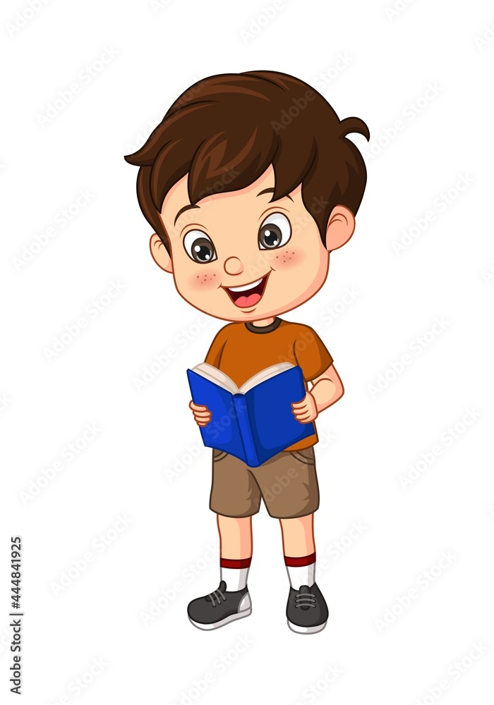 Cartoon boy student stands and reading a book