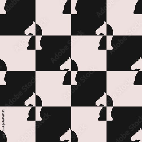 Checker horses. Vector black and white horses in chessboard wallpaper or tile.