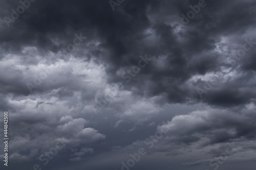 Storm sky, dark grey blue rainy clouds abstract background texture, thunderstorm 