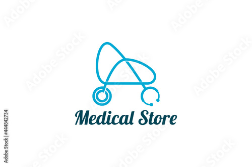 Vector logo element with illustration of a stethoscope in the shape of a shopping trolley or stroller. Usable for logos of medical devices or baby clinics and pharmacies or drugstores