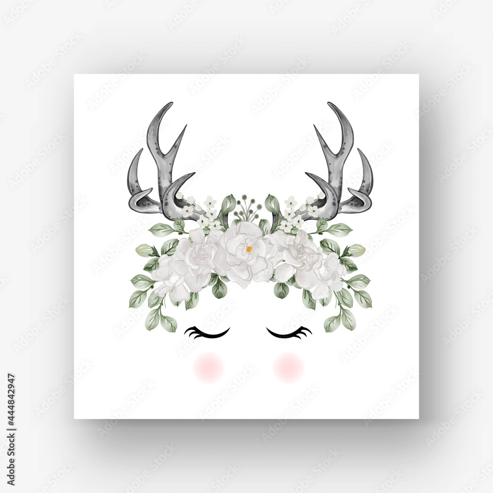 Deer antlers gardenia white flower watercolor illustration