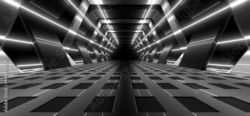 Fototapeta Naklejka Na Ścianę i Meble -  A dark tunnel lit by white neon lights. Reflections on the floor and walls. 3d rendering image.