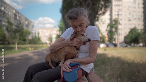 Animal theme is a lonely old woman best friend. Caucasian 90 years old senior female is happy to spend time with her pet small dachshund dog, holding her in her arms, hugging hugs and kisses outdoor photo