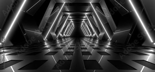 Fototapeta Naklejka Na Ścianę i Meble -  A dark tunnel lit by white neon lights. Reflections on the floor and walls. 3d rendering image.