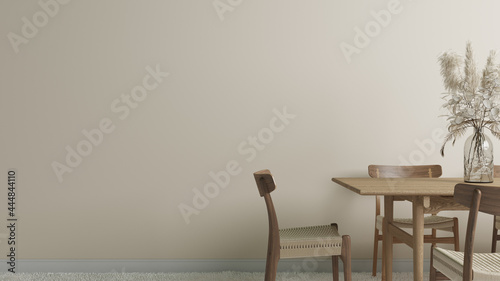 Close up dinning room background wall beige with wood table 