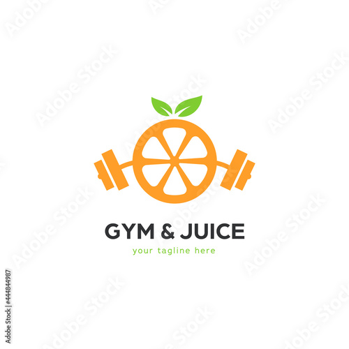 gymnastic strong gym juice logo with fresh fruit weight lifting barbell
