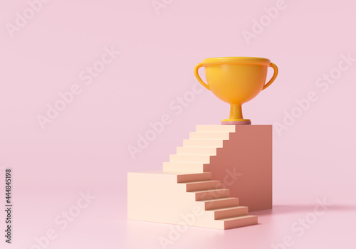 3D Winner cup on top stair, Business success concept. 3d render illustration