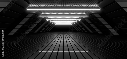 A dark tunnel lit by white neon lights. Reflections on the floor and walls. 3d rendering image.