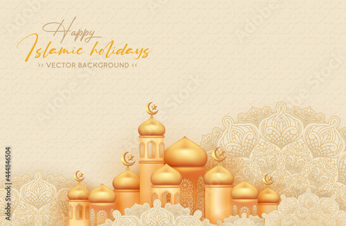 Happy Islamic holidays background with golden mosque