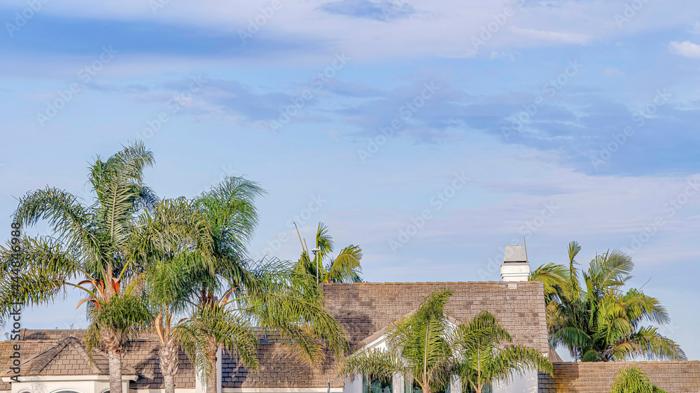 Pano Luxury house exterior view and tall palm trees against blue sky with clouds