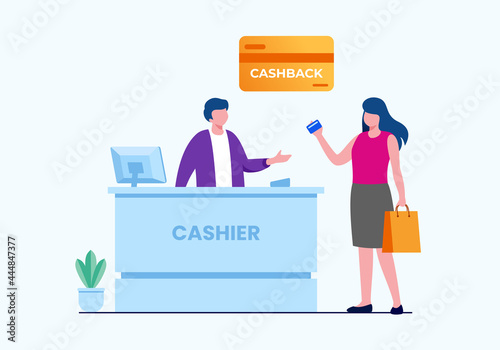 Cashback with credit card payment flat vector illustration banner and landing page 