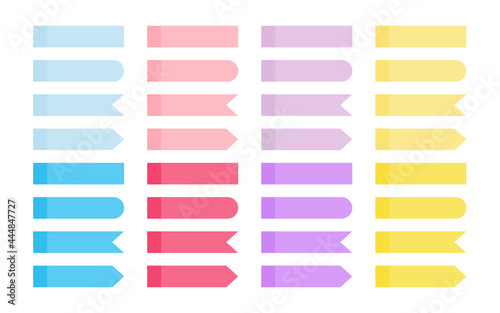 Office note sticker set. Memo colored pastel flat sticky tape. Different shapes stripes ribbon bookmarks. Index paper, adhesive arrow flag tabs blank mock up. Isolated on white vector illustration