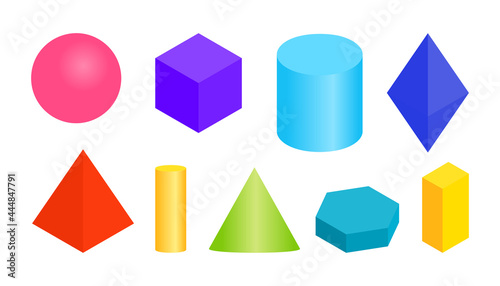 Colored gradient volumetric geometric shapes. Different simple basic 3d figure. Isometric views sphere, cube, cylinder, hexagonal prism and other regular forms. Isolated on white vector illustration