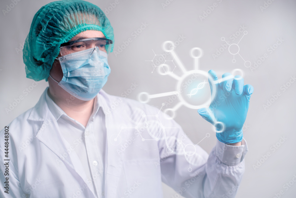 Doctor holding transparent tablet with futuristic hud screen tablet.Innovative in science and medicine concept. Doctor holding transparent tablet with futuristic hud screen tablet.Innovative in science and medicine concept.