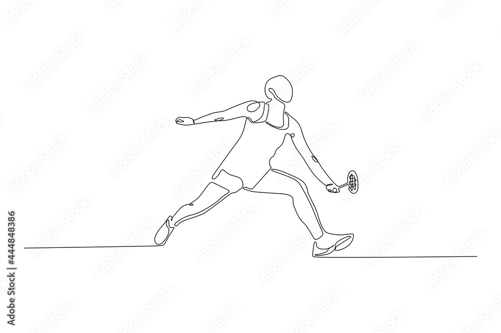 Continuous single line drawing of young agile badminton player take a hit from opponent. Sport training concept. Trendy one line draw design vector illustration for badminton tournament publication