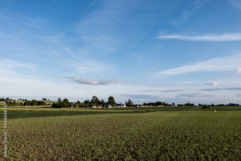 Aerial drone - Low angle from farming field with sky - Orenas Sweden