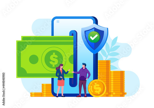Online money transfer with smartphone flat vector illustration for banner and landing page 