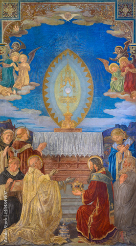 Photography Fresco depicting Catholic clergy of all ranks, including a pope, kneeling in adoration before Jesus Christ in the Eucharist