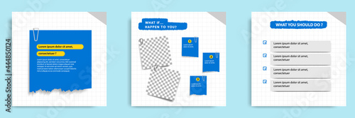 Social media tutorial, tips, trick, did you know post banner layout template with torn sticky paper note clips pin design element and seamless line pattern background.