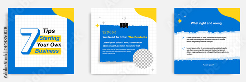 Social media tutorial, tips, trick, did you know post banner layout template with torn sticky paper note clips pin design element and seamless line pattern background.