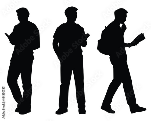 Set of young student with book and backpack silhouette vector on white background