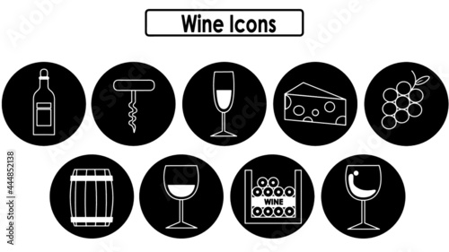  icons wine black and white in circle/ iconos de vino en blanco y negro en círculos. copas, queso, destapa corchos y uvas.