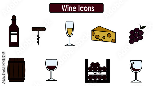 icons wine color/ iconos de vino a color. copas, queso, destapa corchos y uvas.
