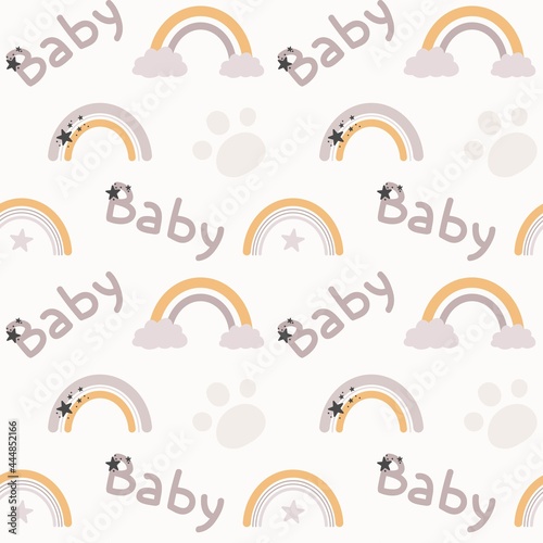 Bohemian baby shower texture. Boho seanless pattern with rainbow, footprint and cloud.