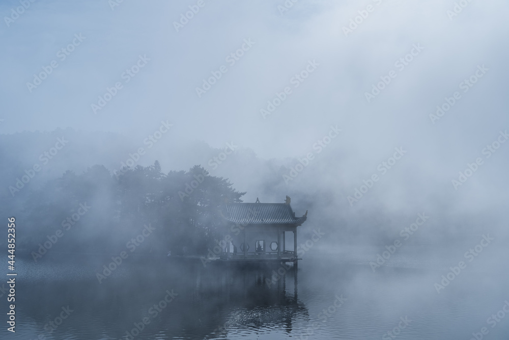 lushan traditional pavilion in mist