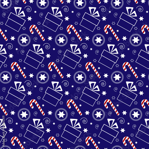 Pattern with Christmas gifts, sweet cane. Festive New Year illustration. Vector illustration on a blue background. For use in packaging, clothing stores, covers, prints, textiles, promotions and