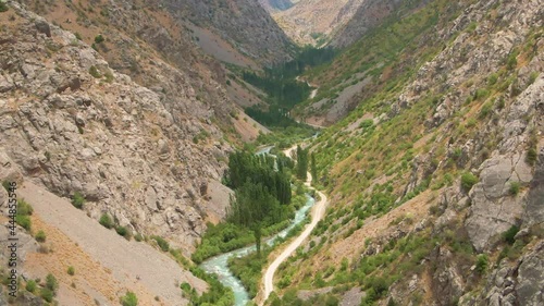 Wavelike Shape Of Pskem River At The Valley Of Rocky Mountains In Ugam-Chatcal National Park In Uzbekistan. aerial photo