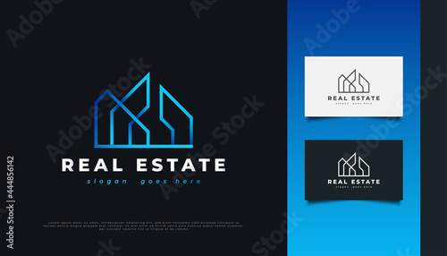 Modern and Futuristic Real Estate Logo Design in Blue Gradient with Line Style. Construction, Architecture or Building Logo Design