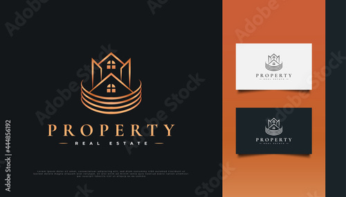 Luxury Gold Real Estate Logo Design with Line Style. Construction, Architecture or Building Logo Design